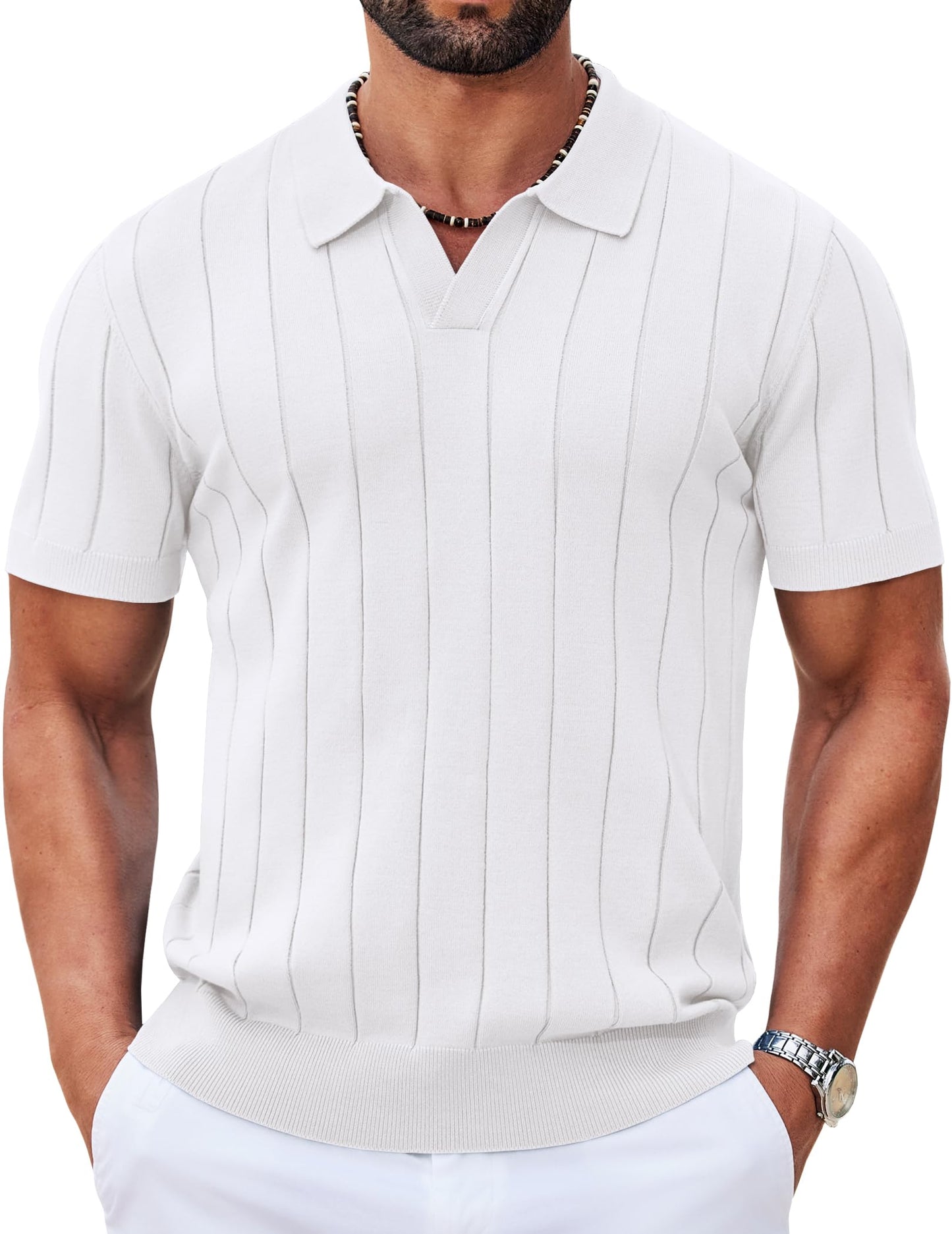 HOTCOOFANDY Mens Polo Shirts Short Sleeve V Neck Knit Shirts for Men Casual Old Money Clothes Mens Golf Shirt
