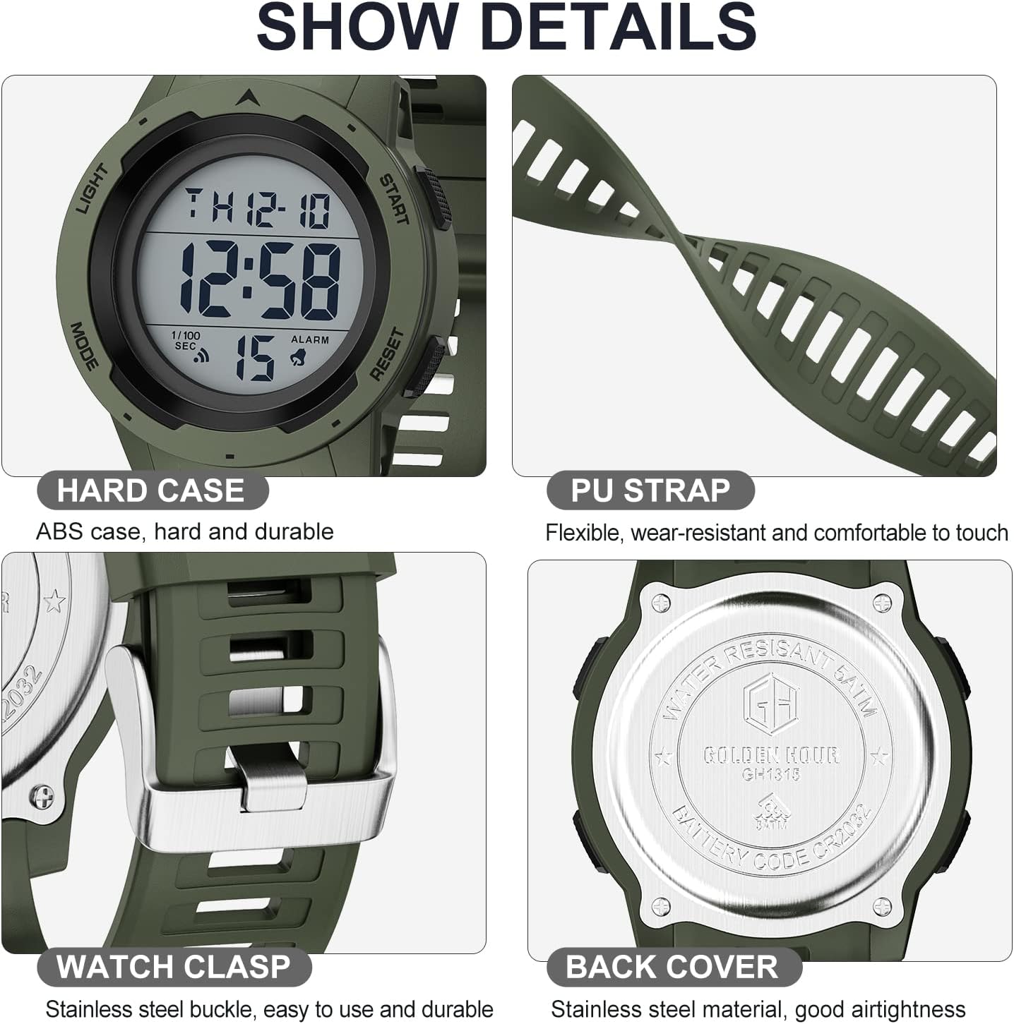 HOTGOLDEN HOUR Mens Waterproof Digital Sport Watches Wide Screen Easy Read Display Military Style with Rubber Strap