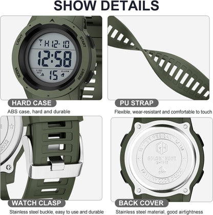 HOTGOLDEN HOUR Mens Waterproof Digital Sport Watches Wide Screen Easy Read Display Military Style with Rubber Strap