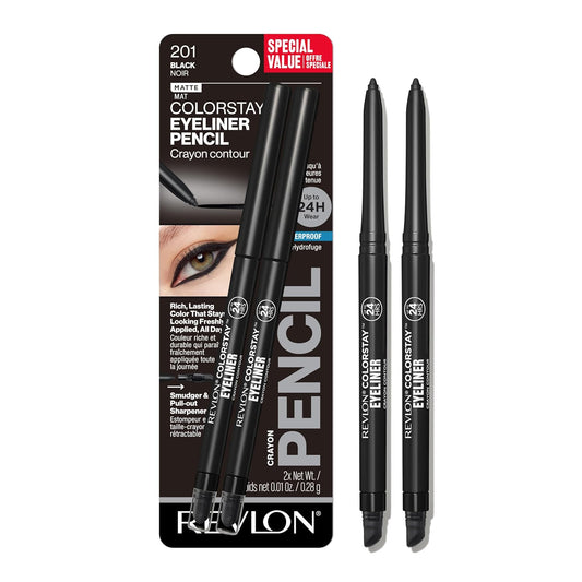 HOTRevlon ColorStay Pencil Waterproof Eyeliner, Smudge-Proof, Eye Makeup with Built-In Sharpener, Long-Lasting, Matte Finish, 201 Black, 2 pack