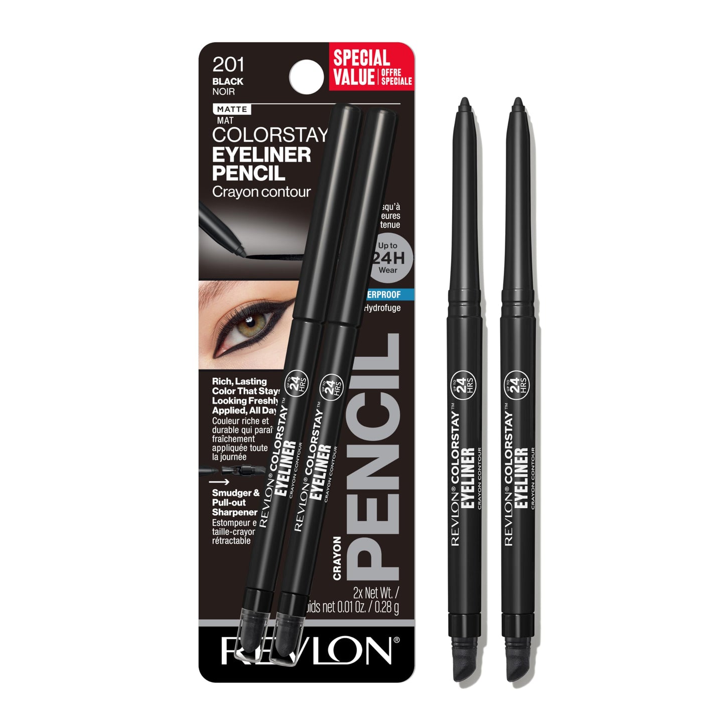 HOTRevlon ColorStay Pencil Waterproof Eyeliner, Smudge-Proof, Eye Makeup with Built-In Sharpener, Long-Lasting, Matte Finish, 201 Black, 2 pack
