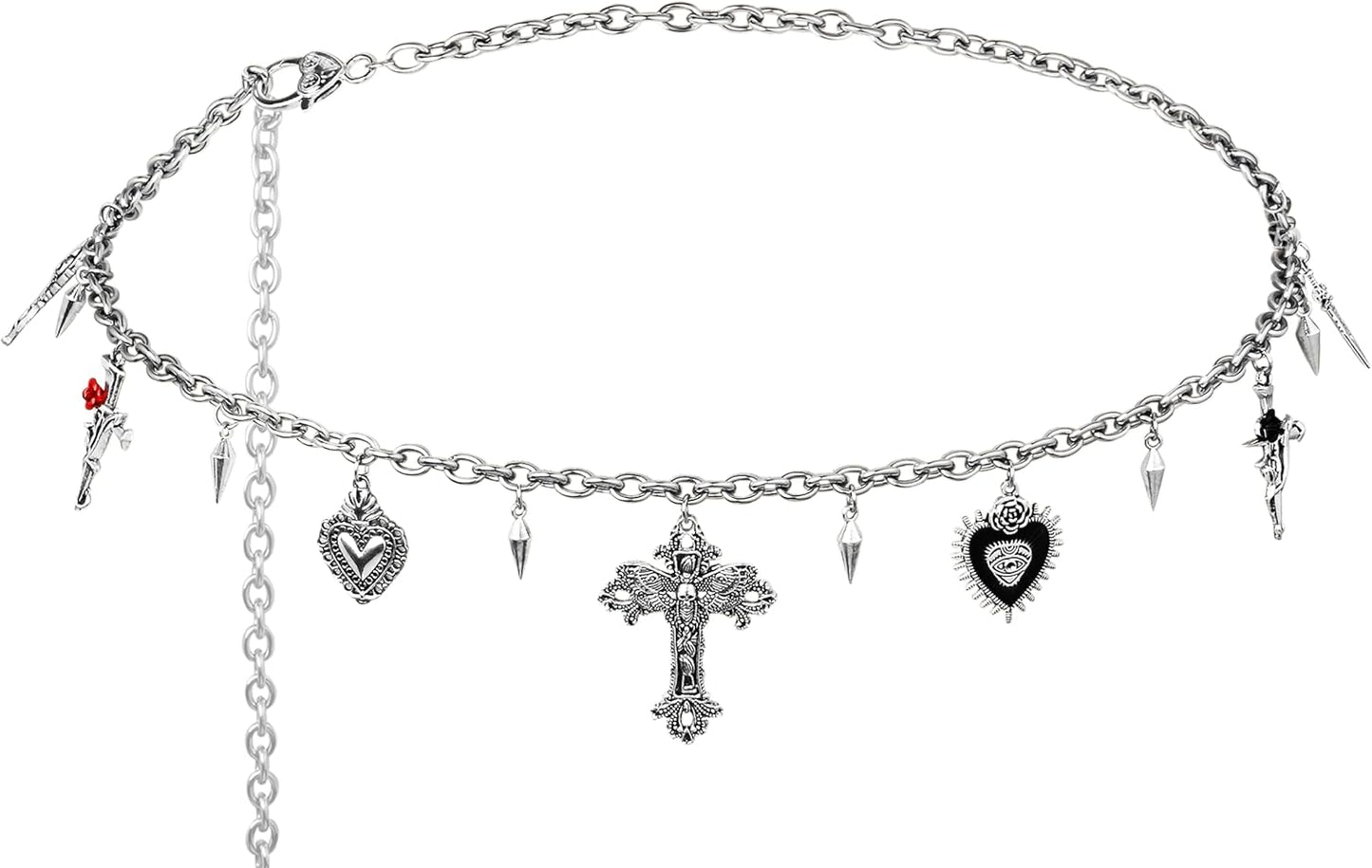 HOTSacina Silver-tone Cross Moth Heart Spike Chain belt, Waist Belly Chain, Gothic Goth Punk Grunge Emo Belt, Goth Accessories