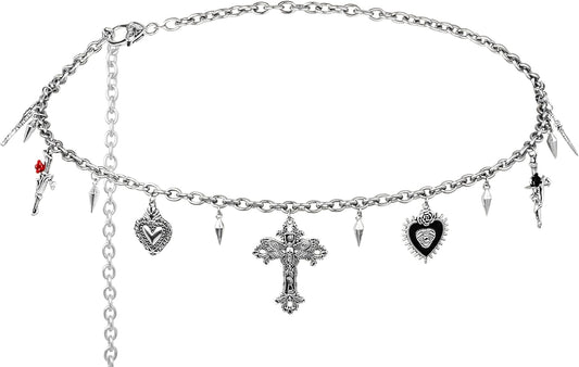 HOTSacina Silver-tone Cross Moth Heart Spike Chain belt, Waist Belly Chain, Gothic Goth Punk Grunge Emo Belt, Goth Accessories