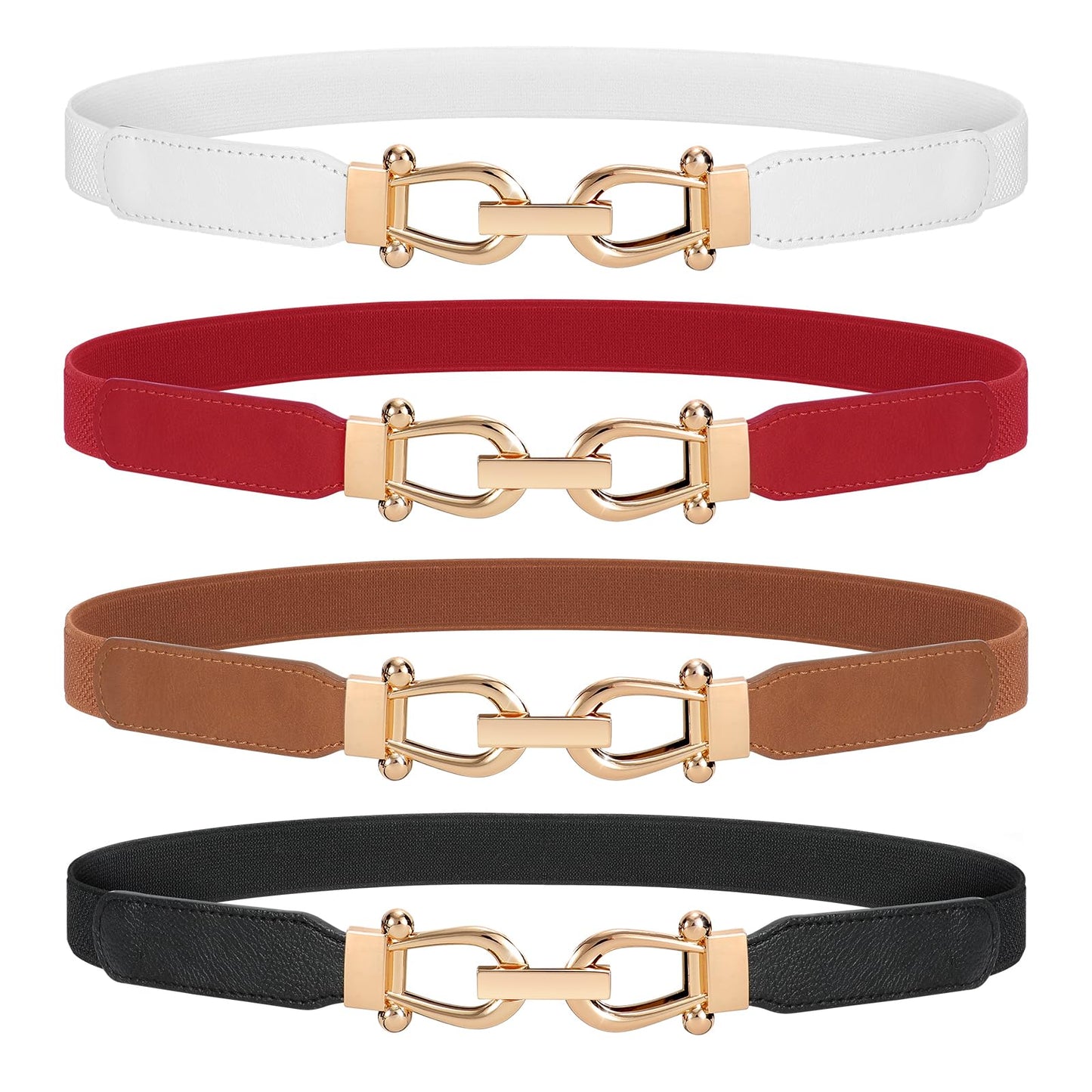 HOTWERFORU Women Skinny Belt for Dresses Retro Stretch Waist Belt with Gold Buckle Set of 4