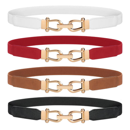 HOTWERFORU Women Skinny Belt for Dresses Retro Stretch Waist Belt with Gold Buckle Set of 4