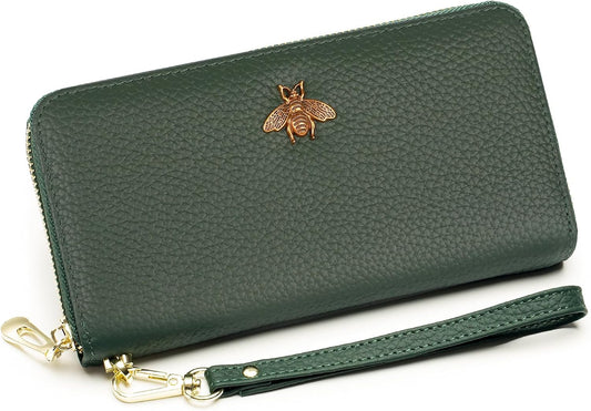 HOTGenuine Leather Wallet Wristlet,Clutch Purses for Women,Phone Wallet(Green) | Wristlet Wallet with Credit Card Holder, Wrist Strap, Zip Coin Pocket, Water-resistant Long Wallet for Daily Party Gifts