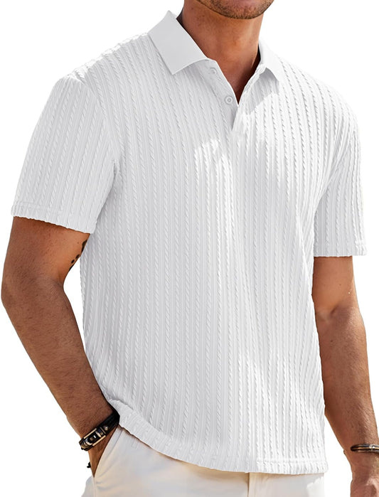 HOTJMIERR Mens Casual Polo Shirt Summer Short Sleeve Vacation Button Beach Knit Stretchy Golf Shirts