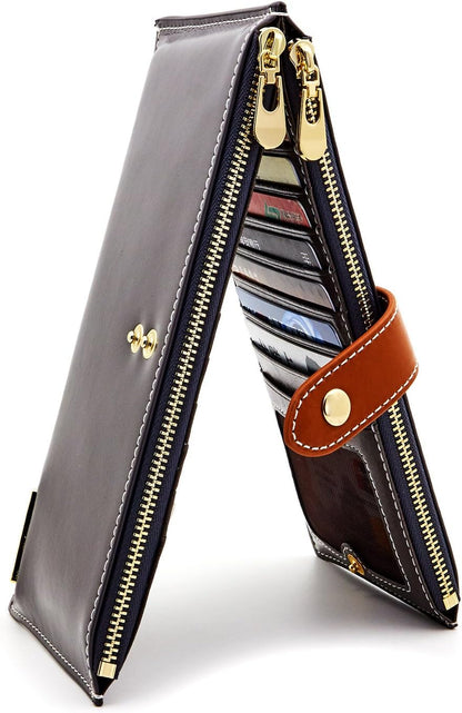 HOTANDOILT Women's Genuine Leather Wallet RFID Blocking Credit Card Holder Zipper Purse Cell Phone Handbag