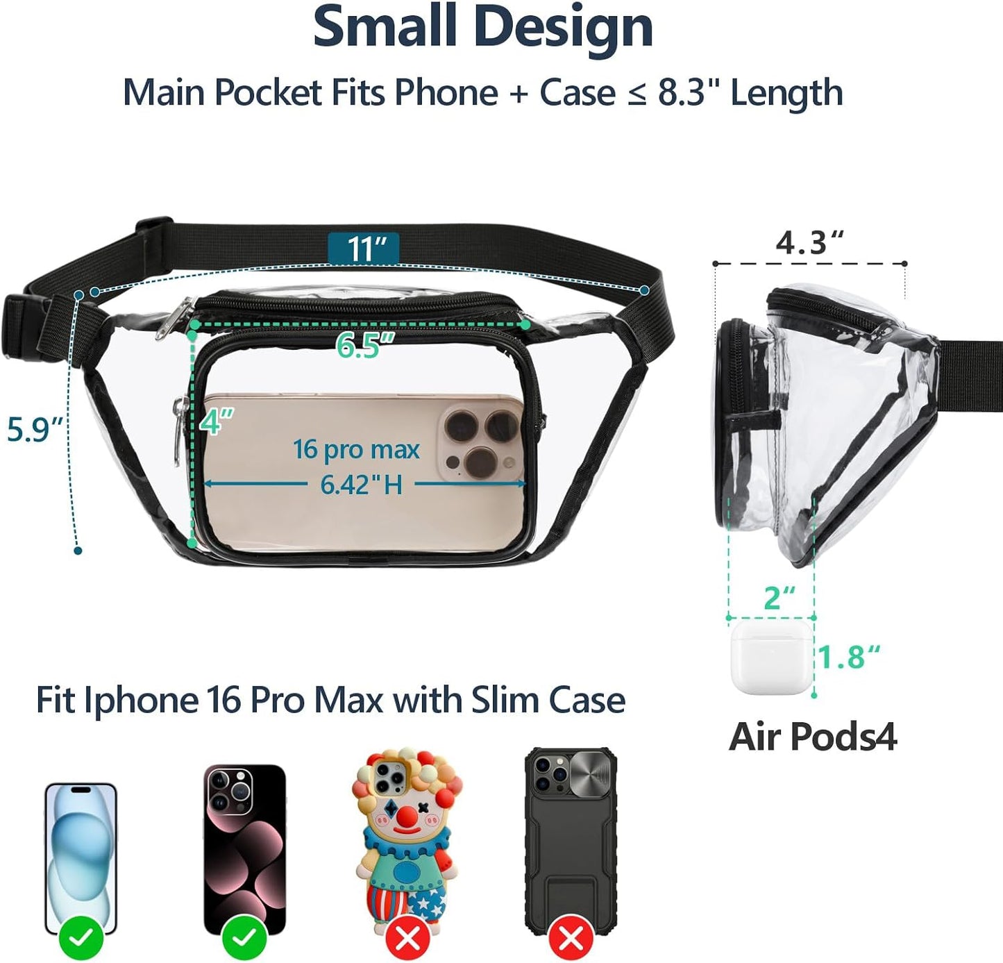 HOTVeckle Clear Fanny Pack Stadium Approved - Waist Belt Bag for Women, Black | Hands-Free Adjustable Strap, 2 Pockets Fit 7.5 in Phone, Water-Resistant for Sports Game Day Concerts Festival