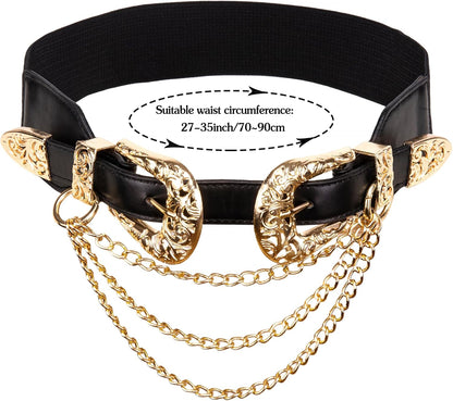 HOTDubulle Womens Belt Chain Leather Belts Vintage Western Adjustable Elastic Double Buckle for Cowboy Pant Dress