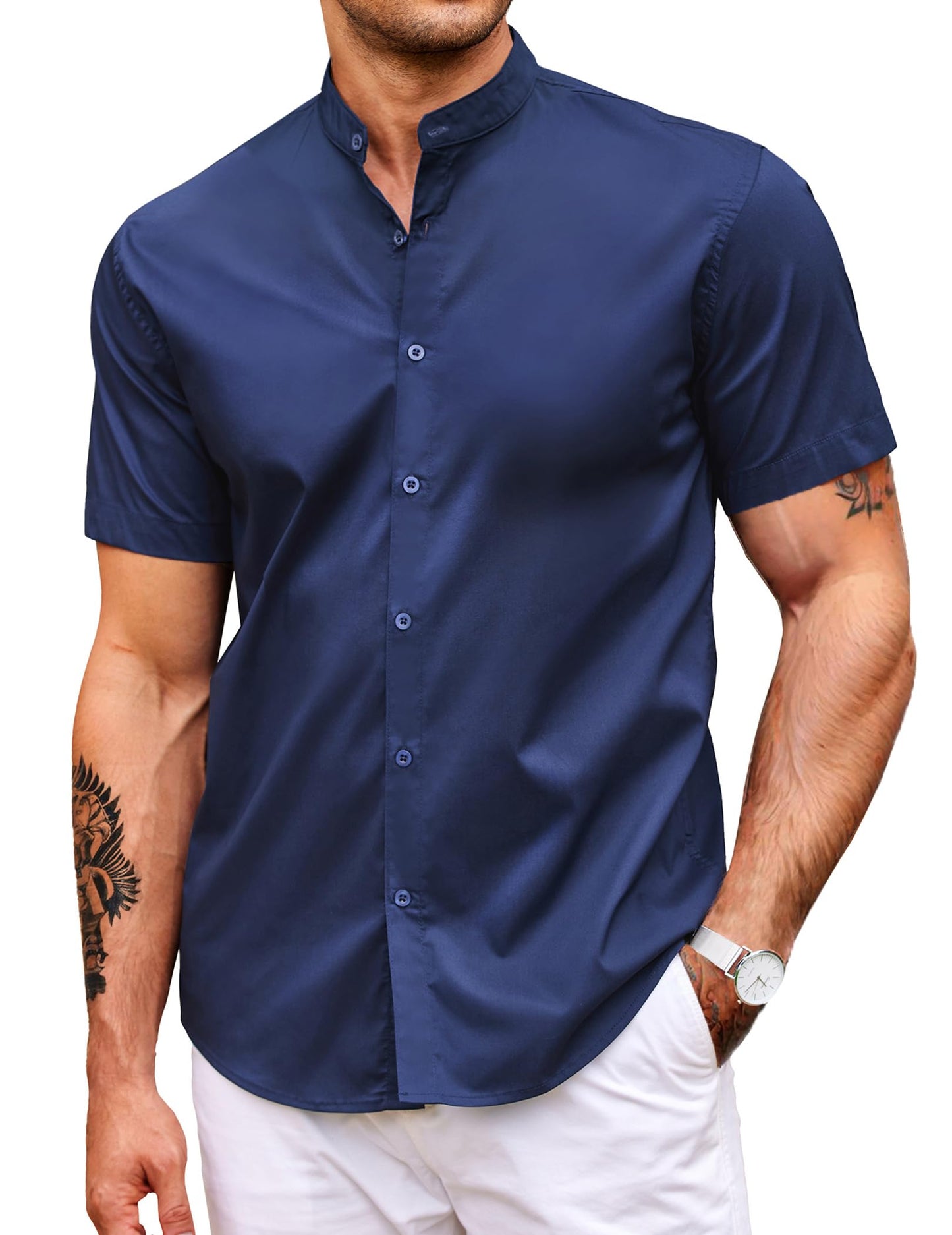 HOTCOOFANDY Muscle Fit Dress Shirts for Men Banded Collar Casual Button Down Shirts