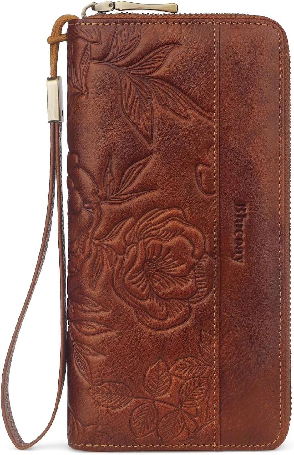 HOTReal Leather Womens Wallet,RFID Blocking Long Wallet For Women Large Capacity Embossed Flowers Wallet Wristlet With Card Holder Zip Coin Pocket(embossed brown)