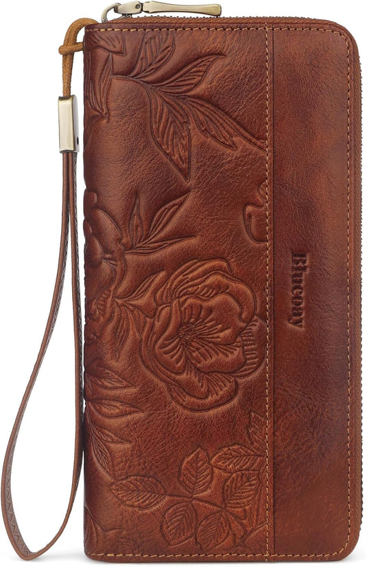 HOTReal Leather Womens Wallet,RFID Blocking Long Wallet For Women Large Capacity Embossed Flowers Wallet Wristlet With Card Holder Zip Coin Pocket(embossed brown)