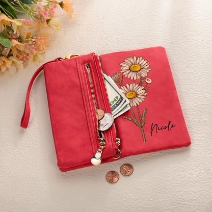 HOTPersonalized Wallets for Women – Custom Wallet with Watercolor Birth Flower & Name, PU Leather Tri-Fold Wristlet Wallet Women, Card Holder Birthday Anniversary Christmas Gift