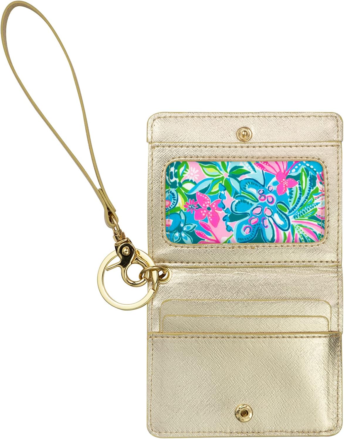 HOTLilly Pulitzer Leatherette Snap ID Card Case Wallet, Golden Hour | Cute Money Holder with Removable Wristlet Strap and Key Ring, Slim Credit Card Holder with Snap Closure