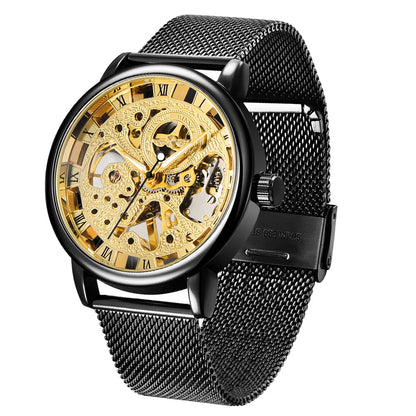 HOTMen's Skeleton Mechanical Roman Numeral Mesh Strap Watch, Hand Winding Mechanical Mesh Luminous Waterproof Watch for Men