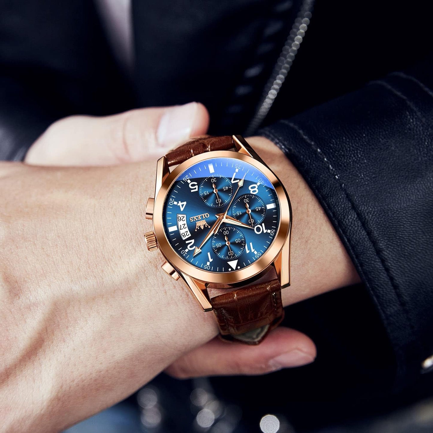 HOTOLEVS Men's Casual Leather Watch, Big Face Chronograph Watch for Men, Fashion Easy to Read Dress Watch, Men's Waterproof Luminous Date Analog Watch, Gold/Black/White/Blue Dial