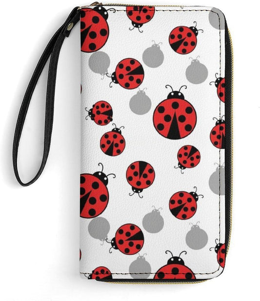 HOTPortable Wallets for Women Ladybugs Cartoon Cute Credit Card Holder with Zipper Slim Compact Cash Organizer Bag Waterproof Pu Leather Clutch with Wrist Strap
