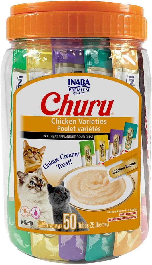 HOTINABA Churu Cat Treats, Lickable, Squeezable Creamy Purée Cat Treat with Green Tea Extract & Taurine, 0.5 Ounces Each Tube, 50 Tubes, Chicken Variety