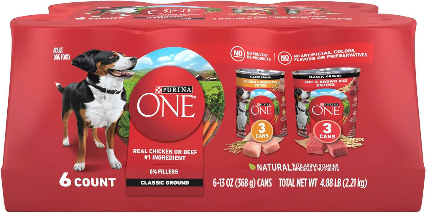 HOTPurina ONE Classic Ground Chicken and Brown Rice, and Beef and Brown Rice Entrees Wet Dog Food Variety Pack - (Pack of 6) 13 oz. Cans