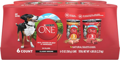 HOTPurina ONE Classic Ground Chicken and Brown Rice, and Beef and Brown Rice Entrees Wet Dog Food Variety Pack - (Pack of 6) 13 oz. Cans