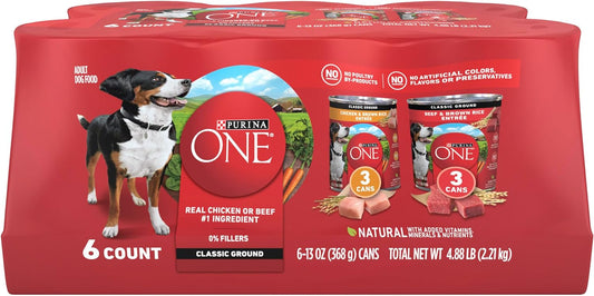 HOTPurina ONE Classic Ground Chicken and Brown Rice, and Beef and Brown Rice Entrees Wet Dog Food Variety Pack - (Pack of 6) 13 oz. Cans