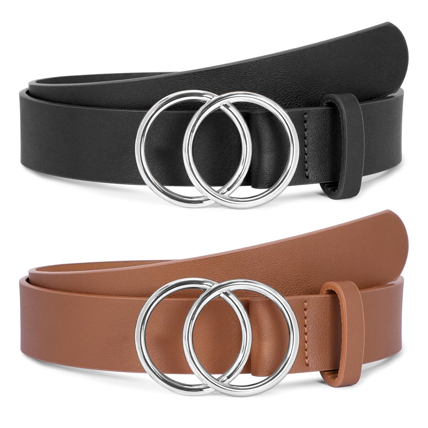 HOTSUOSDEY Women Leather Belt Fashion Double O-Ring Soft Faux Leather Waist Belts For Jeans Dress