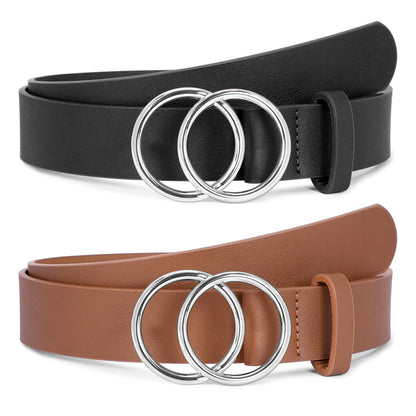 HOTSUOSDEY Women Leather Belt Fashion Double O-Ring Soft Faux Leather Waist Belts For Jeans Dress