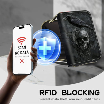 HOTCute Credit Card Holder with Zipper, Crow Skull RFID-Blocking Card Case Small Wallet for Women Men, Multi-slot Card Organizer Case Travel Accordion Wallet
