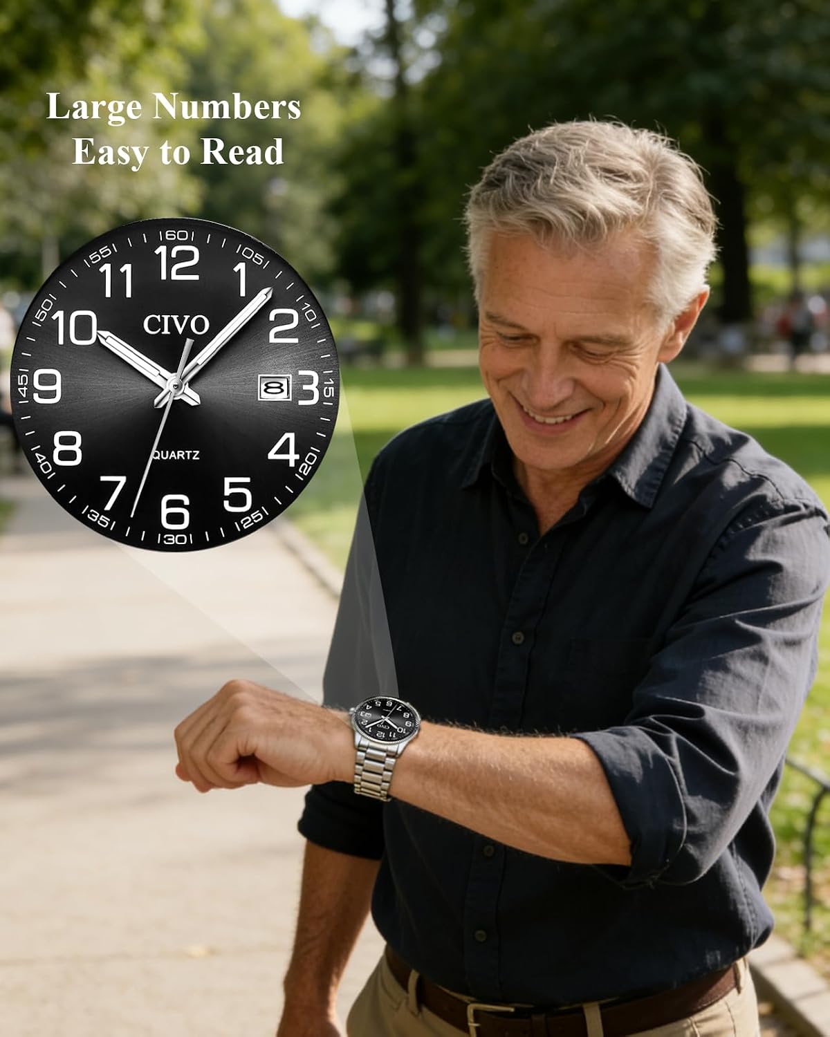 HOTCIVO Silver Analog Watches for Men: Stainless Steel Dress Wrist Watch Date | Classic, Easy to Read Large Numbers, Waterproof for Work, Formal, Gifts for Husband, Son, Father, Birthday, Anniversary
