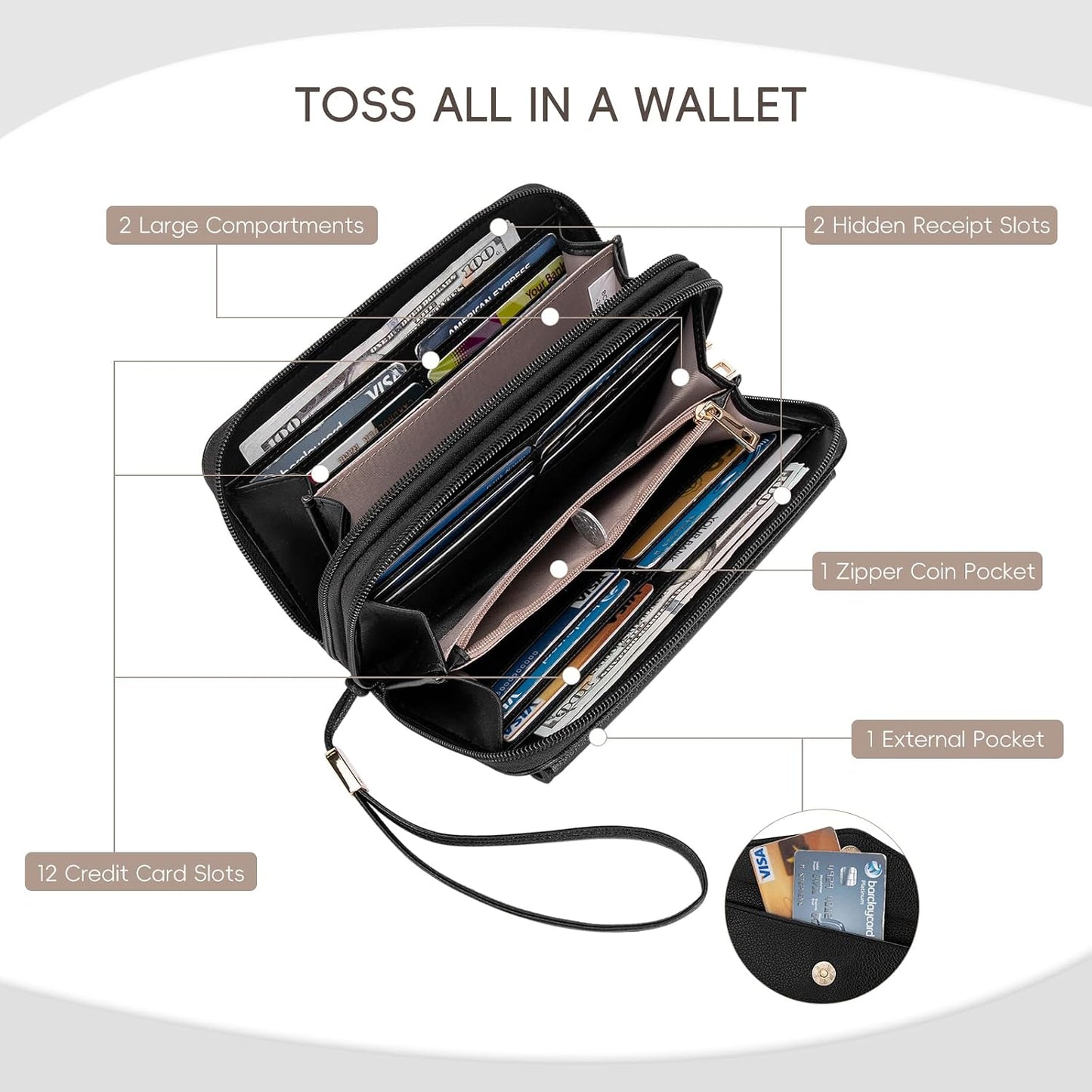 HOTCLUCI Wallet Women Capacity Wristlet Purse for Women Long Ladies Wallet RFID Blocking Multi Credit Card Holder