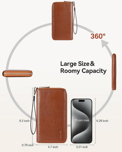HOTBOSTANTEN Leather Wallet for Women RFID Blocking Zip Around Credit Cards Holder Phone Clutch