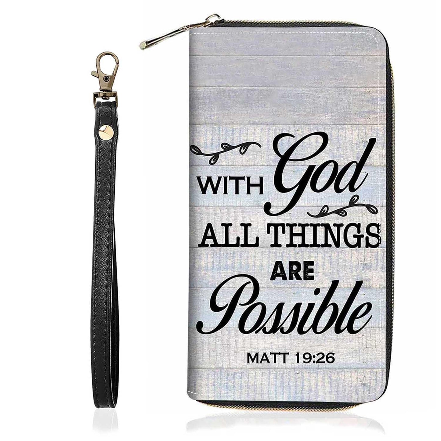 HOTChristian Cross Quote Bible Verse Matthew 19:26 Print Wallet for Women Large Capacity Wallet Credit Card Holder PU Leather Zipper Clutch Purse Phone Wallet
