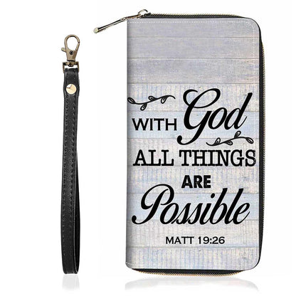 HOTChristian Cross Quote Bible Verse Matthew 19:26 Print Wallet for Women Large Capacity Wallet Credit Card Holder PU Leather Zipper Clutch Purse Phone Wallet