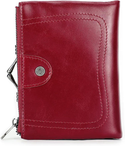 HOTCONTACTS Womens Kiss Lock Wallet Leather Small Zipper Coin Purse Red Bifold Rfid Clasp Wallet Card Holder with Photo Window