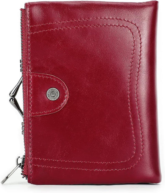 HOTCONTACTS Womens Kiss Lock Wallet Leather Small Zipper Coin Purse Red Bifold Rfid Clasp Wallet Card Holder with Photo Window