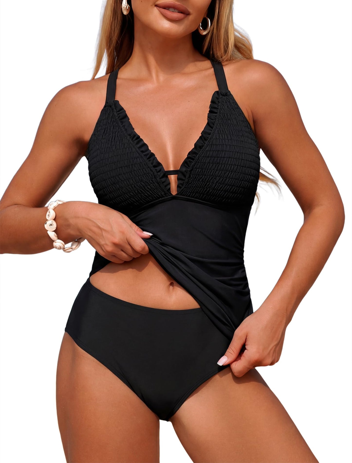 HOTZAFUL Womens Tankini Swimsuits Smocked 2 Piece Bathing Suits Modest Tie Back Swimwear