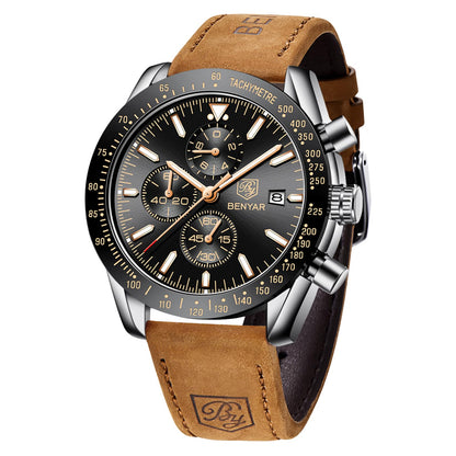 HOTBENYAR Mens Watches Quartz Movement Chronograph Leather Strap Fashion Business Sport Design 30M Waterproof Scratch Resistant Elegant Gifts for Men