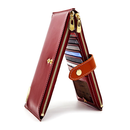 HOTANDOILT Women's Genuine Leather Wallet RFID Blocking Credit Card Holder Zipper Purse Cell Phone Handbag