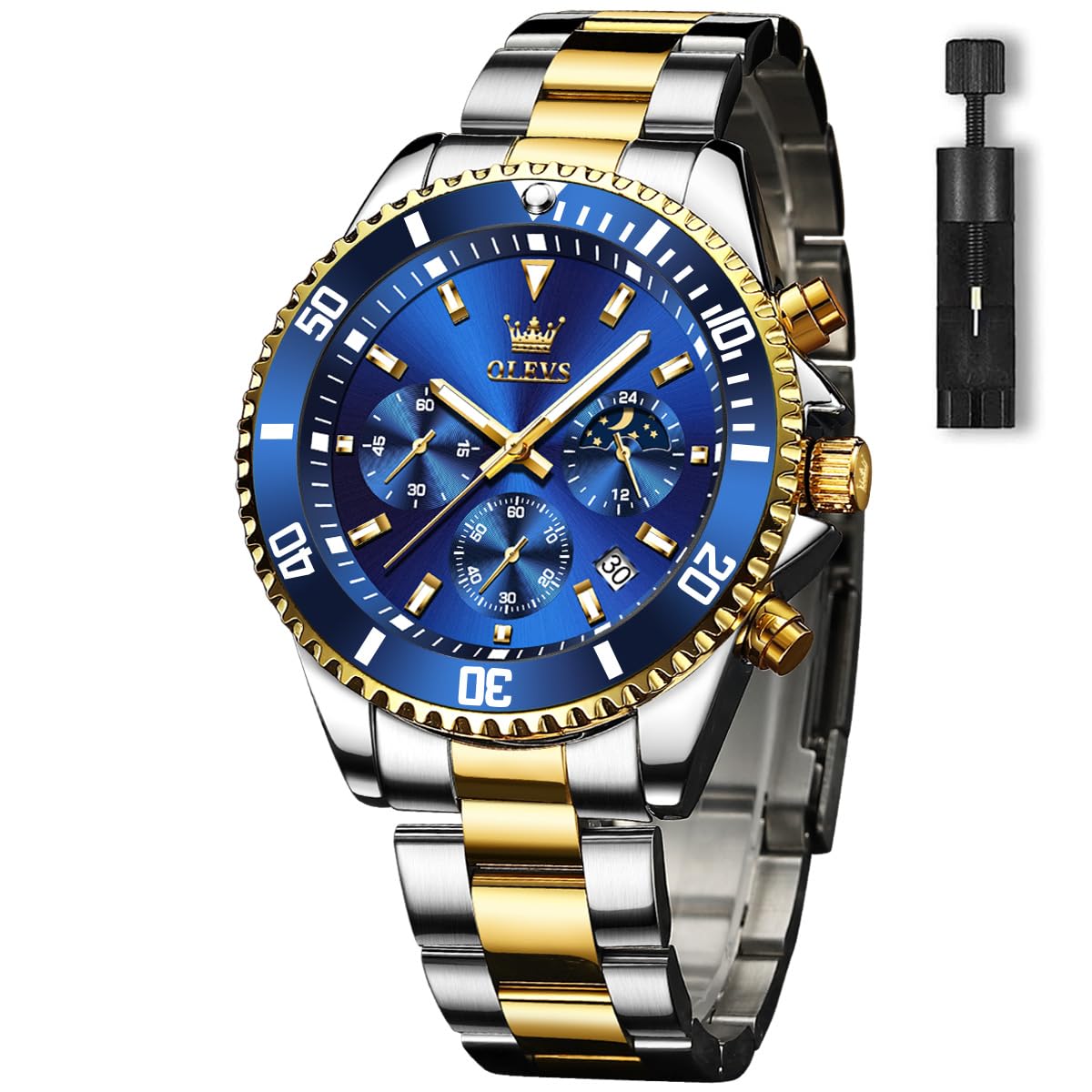 HOTOLEVS Men's Watches with Date, Premium Gold and Silver Stainless Steel Analog Watches for Men, Classic Rotatable Bezel Men's Cuff Watches, Blue/Green/Black Dial