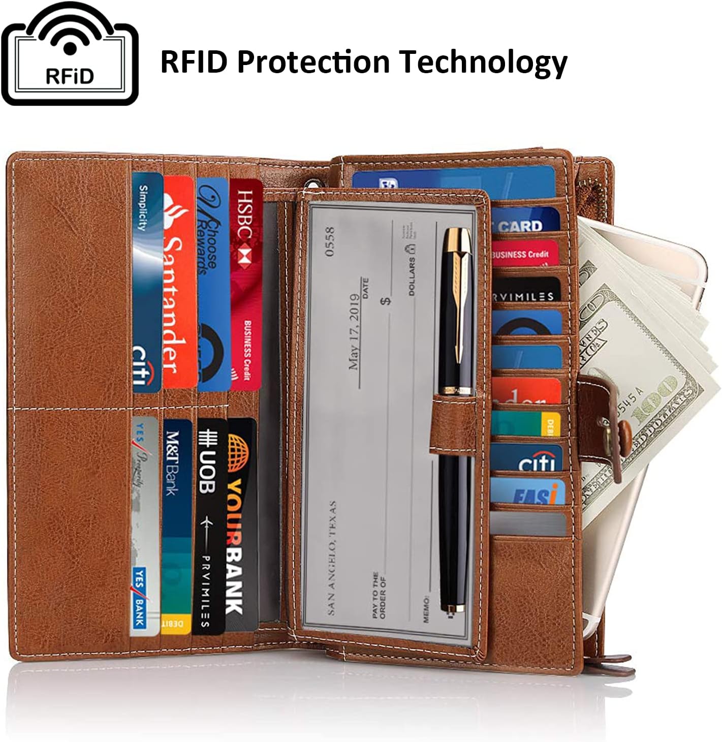 HOTFT FUNTOR Women's Big Fat RFID Blocking Wallet Leather Zip Around Clutch Large Phone Organizer Wristlet