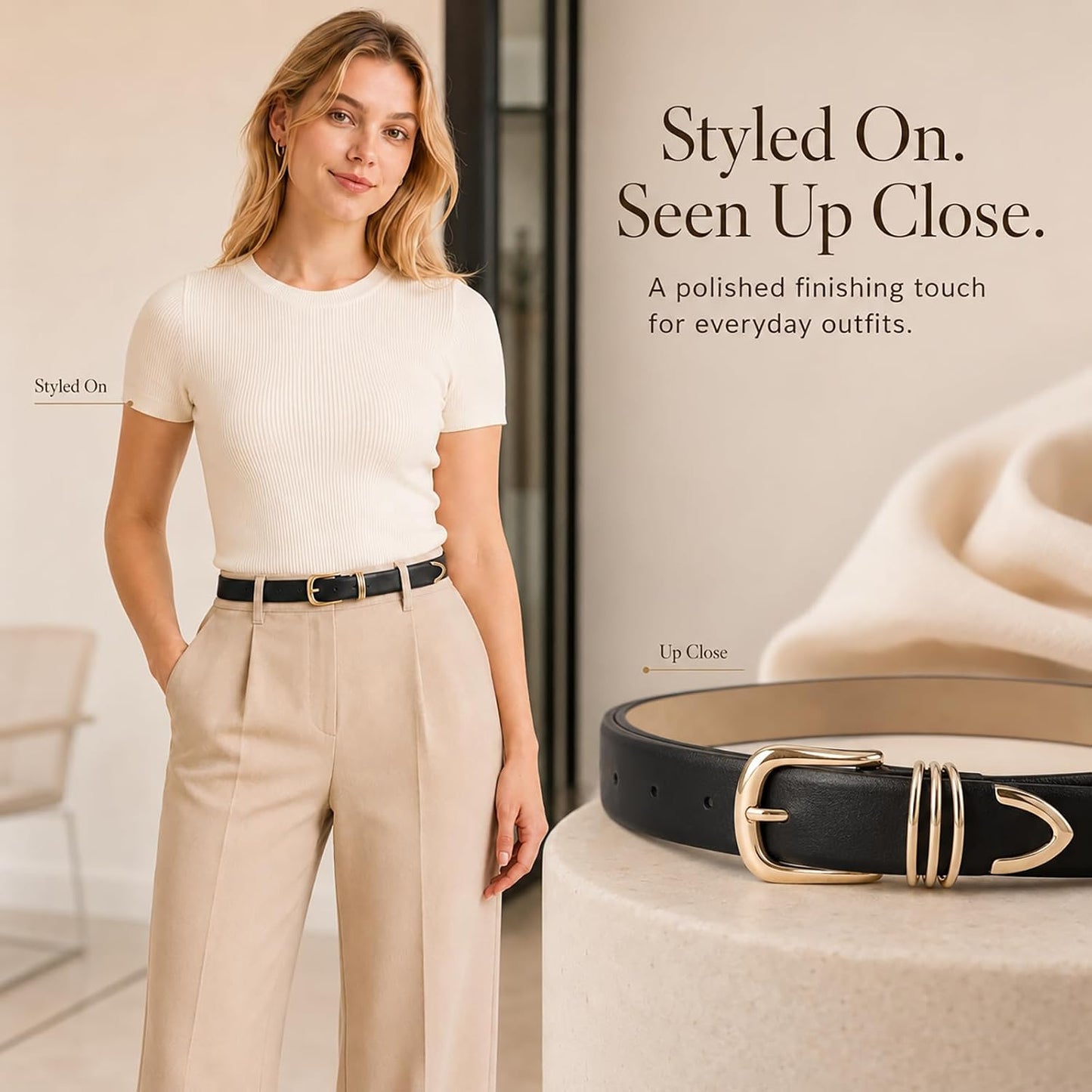 HOTRISANTRY Women's Leather Belts with Gold Buckle Fashion Leather Waist Belt Elegant Ladies Belts for Jeans Gifts for Women