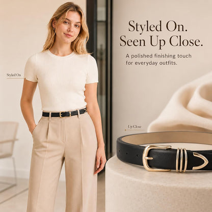 HOTRISANTRY Women's Leather Belts with Gold Buckle Fashion Leather Waist Belt Elegant Ladies Belts for Jeans Gifts for Women