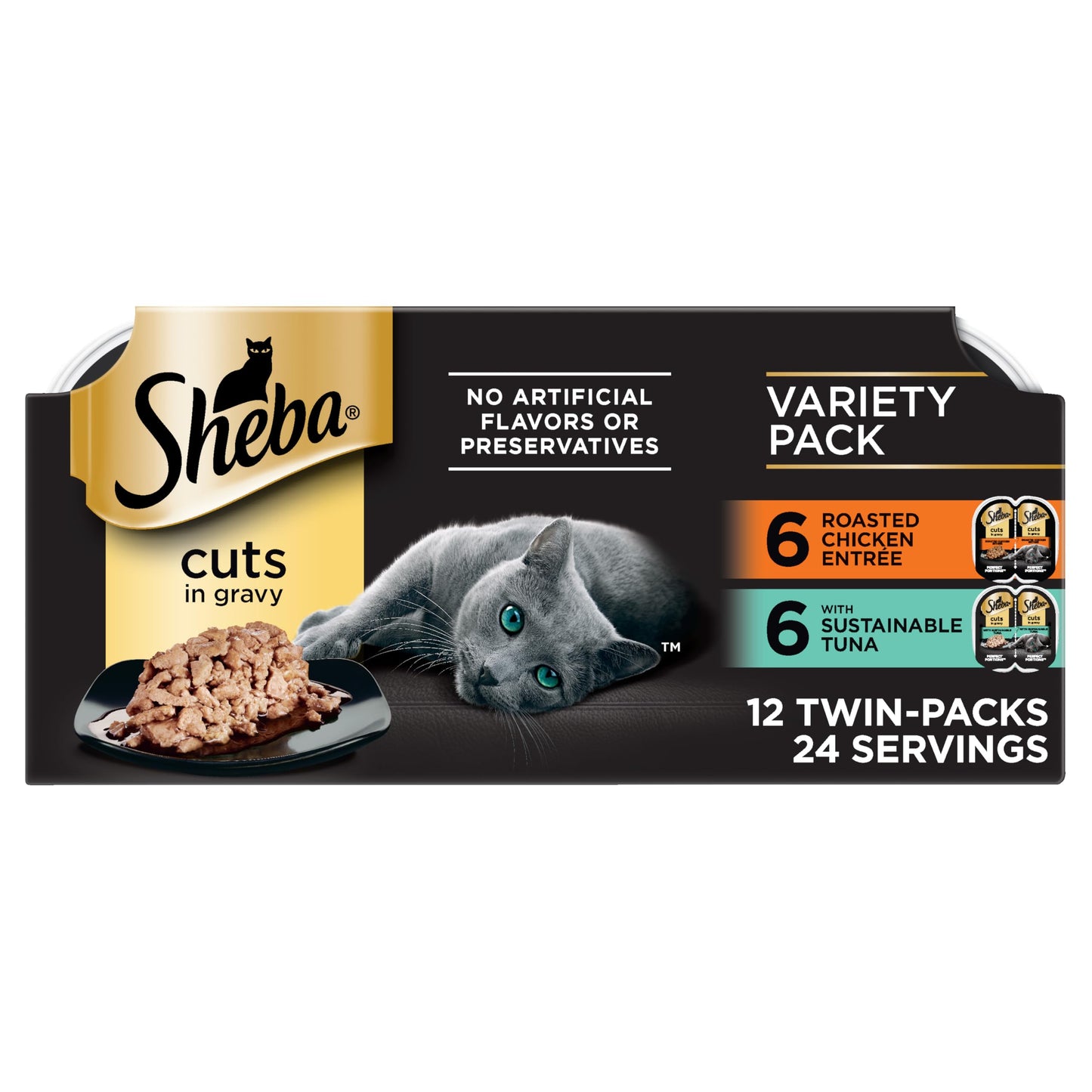 HOTSheba Perfect Portions Cuts Wet Cat Food, Seafood Pack, 2.6 oz, 24 ct | Sustainable salmon & tuna with tender trout, succulent cuts in gravy, no corn or soy, snap-peel-serve twin pack trays