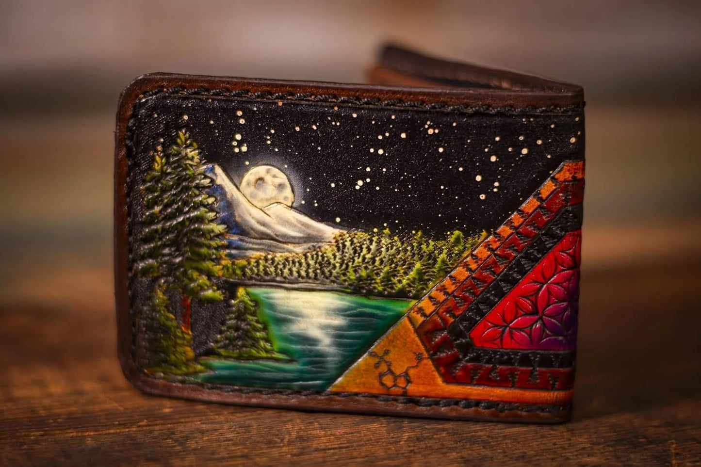 HOTMoonlit Mountains, Retro Patchwork, Azurescen, Mushrooms, Phsychedelic, Molecule, Psilocyb, Men's 3D Genuine Leather Wallet, Handmade wallet, Carved wallet, Airbrush Art, Bifold wallet, Custom wallet