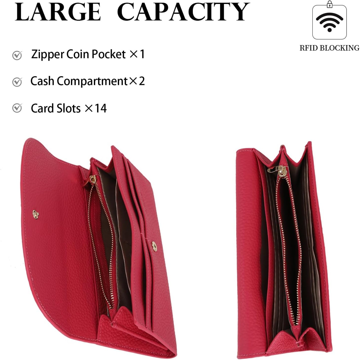 HOTLadies Purse RFID Blocking Genuine Leather Large Capacity Slim Wallet for Women, Rose Red, L, Casual