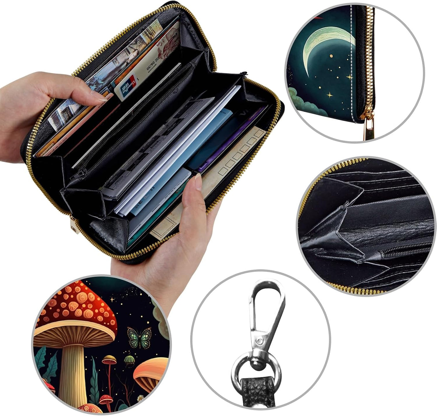 HOTWomen's Wallets,Credit Card Holder Money Leather Long Wallet with Wristlet,Large Capacity with Zip-Around Phone Purse for Women Ladies Girls,Mushroom Moon