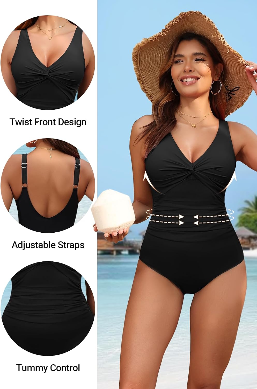 HOTWomen's Tummy Control One Piece Swimsuit Push Up Full Coverage Bathing Suit | V-Neck Twist Front, Low-Back Design, Adjustable Straps, Removable Pads, Full Coverage, Long-Torso Fit, Beach and Pool Days