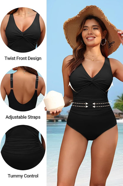 HOTWomen's Tummy Control One Piece Swimsuit Push Up Full Coverage Bathing Suit | V-Neck Twist Front, Low-Back Design, Adjustable Straps, Removable Pads, Full Coverage, Long-Torso Fit, Beach and Pool Days