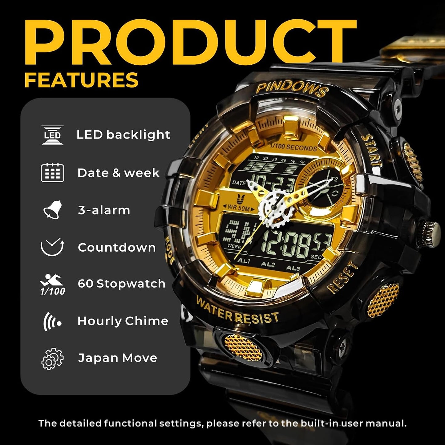 HOTPINDOWS Watches for Men, Transparent Gold Analog Digital Dual Time 50M Waterproof, LED Backlight Multifunctional with Alarms, Stopwatch, Ideal for Sports, Outdoor Activities, and Daily Wear